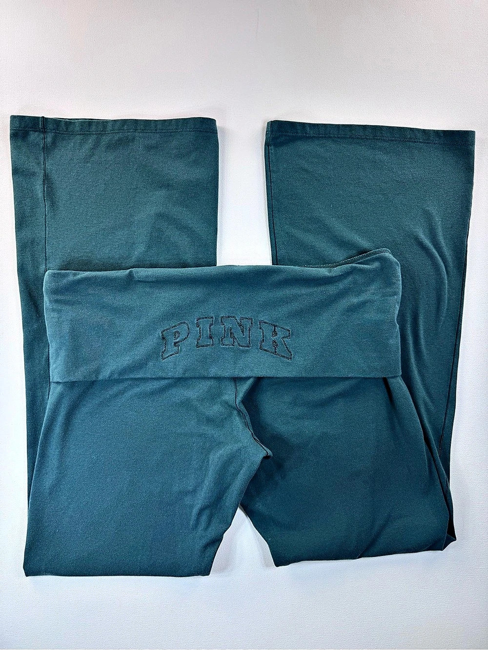 PINK Logo Fold Over Band Dark Green Flare Low Rise Leggings Y2K 2000s XL